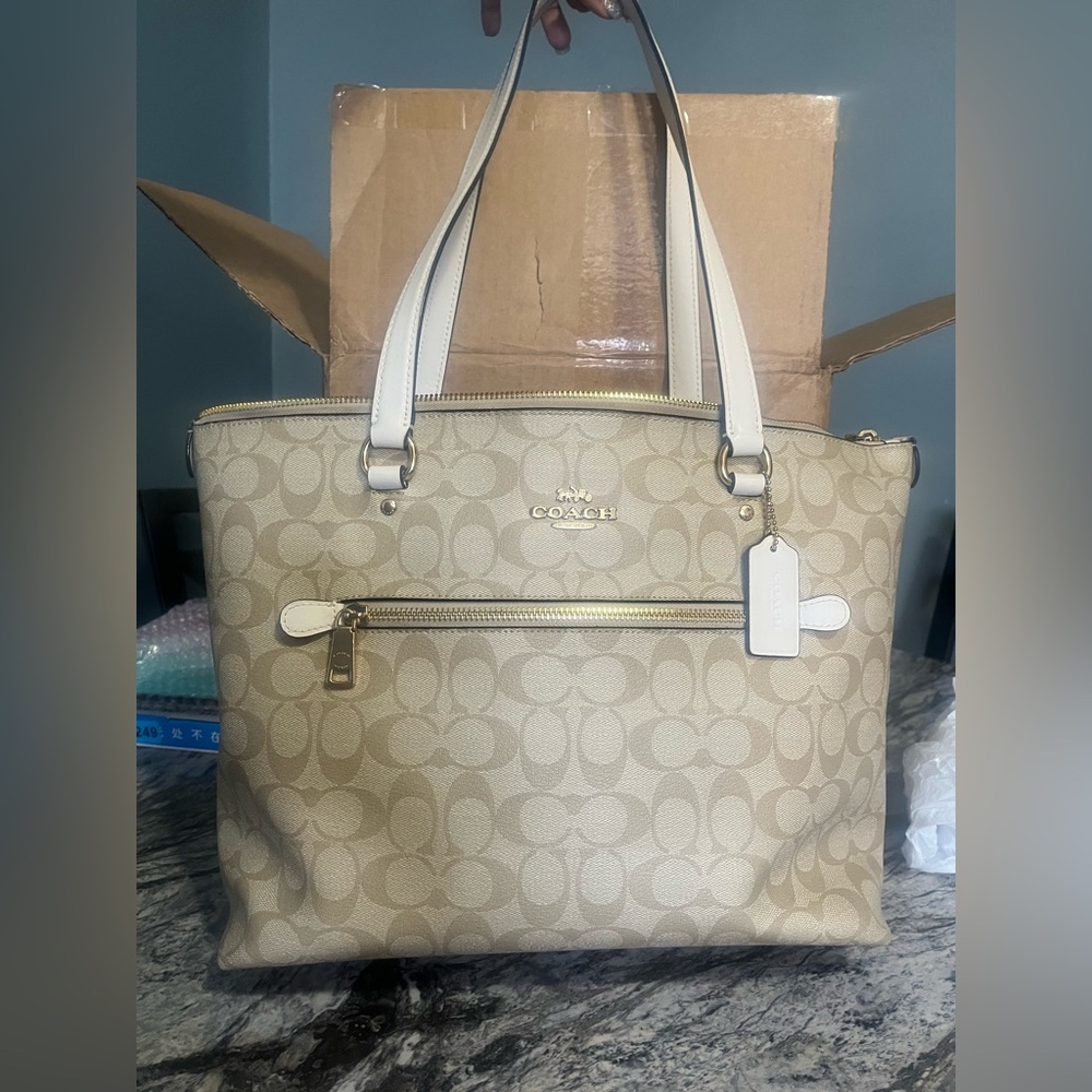 Coach Beige Signature Canvas Tote with Chalk Trim